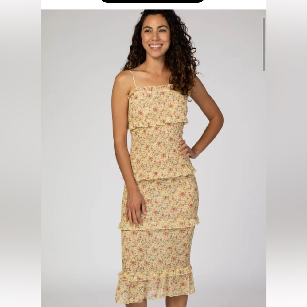 Yellow Floral Chiffon Smocked Fitted Maternity Midi Dress Mable brand